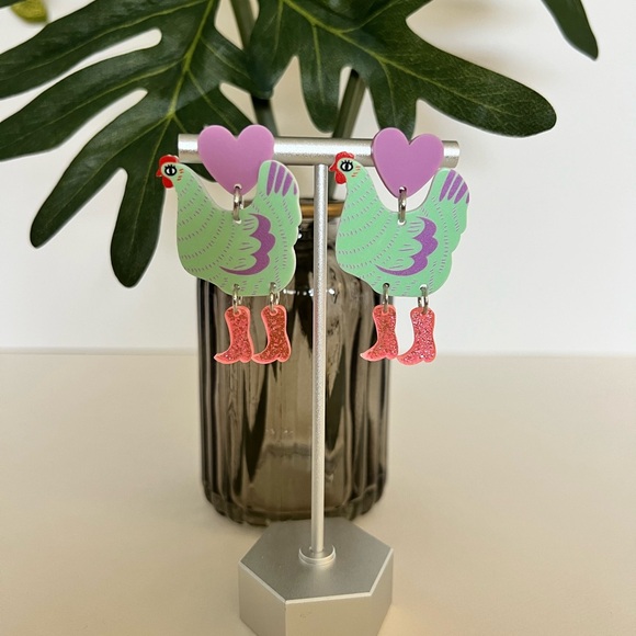 1970's Inspired Chicken in Boots Dangle Earrings - Colorful Retro Drop Earrings - Picture 7 of 14